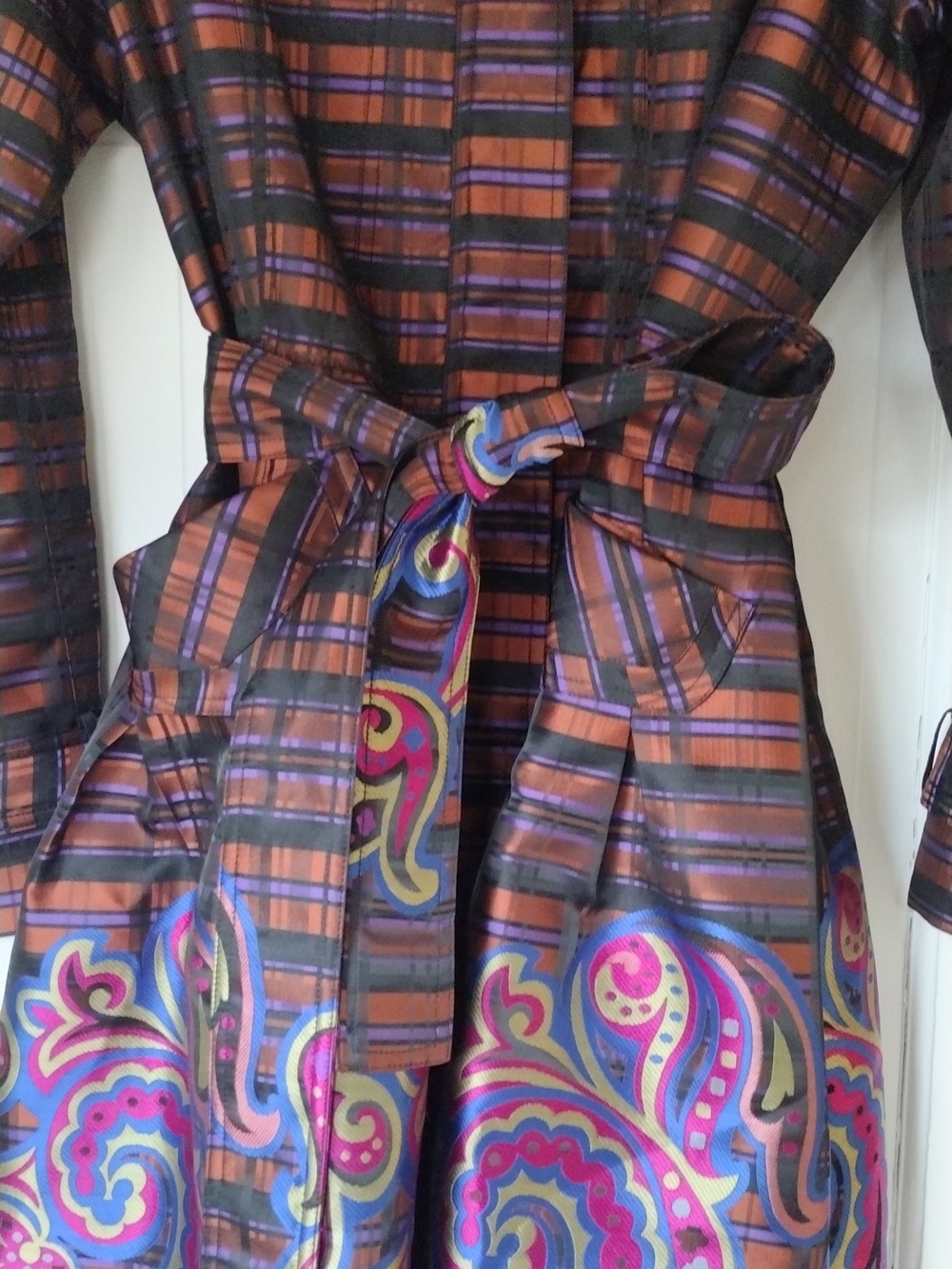 Samual Dong Colorful Plaid Trench Coat with Paisley Hem - Picture 4 of 9